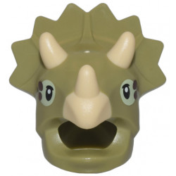 Minifigure, Headgear Head Cover, Costume Dinosaur Triceratops with Molded Tan Horns, Printed Black and Yellowish Green Eyes with Dark Brown Spots Pattern: {маслинено зелен}