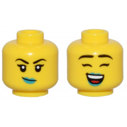 Yellow Minifigure, Head Dual Sided Female Thin Black Eyebrows, Dark Turquoise Lips, and Crooked Smile / Closed Eyes, Open Mouth Smile Pattern - Vented Stud: {ярко жълт}