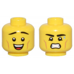 Yellow Minifigure, Head Dual Sided Thin Black Eyebrows, Medium Nougat Cheek Lines, and Open Mouth Smile / Sweat Drop, Grimace Pattern - Vented Stud: {ярко жълт}