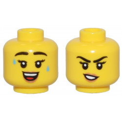 Yellow Minifigure, Head Dual Sided Female Black Eyebrows and Eyelashes, Medium Nougat Lips, Sweat Drops and Open Mouth Smile / Crooked Mouth Pattern - Vented Stud: {ярко жълт}