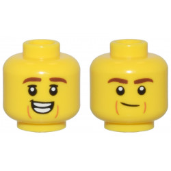 Yellow Minifigure, Head Dual Sided Reddish Brown Eyebrows, Dark Orange Cheek Lines, and Open Mouth Smile / Smirk Pattern - Vented Stud : {ярко жълт}