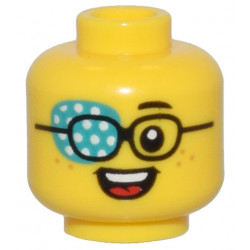 Yellow Minifigure, Head Black Glasses, Dark Turquoise Eye Patch with White Dots, Freckles, and Open Mouth Smile Pattern - Vented Stud: {ярко жълт}
