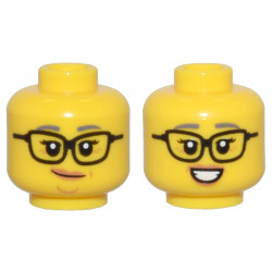 Minifigure, Head Dual Sided Female Black Glasses, Dark Bluish Gray Eyebrows, Medium Nougat Lips and Wrinkles, Smirk / Smile Pattern - Vented Stud: {ярко жълт}