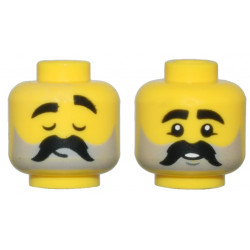 Yellow Minifigure, Head Dual Sided Thick Black Eyebrows and Moustache, Light Bluish Gray Beard Stubble, Closed Eyes and Eyebrow Raised / Small Smile Pattern - Vented Stud: {ярко жълт}