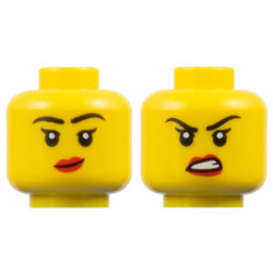 Minifigure, Head Dual Sided Female Black Eyebrows and Single Eyelashes, Red Lips, Lopsided Grin / Scowl Pattern - Vented Stud: {ярко жълт}