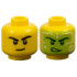 Minifigure, Head Dual Sided Black Eyebrows and Lopsided Grin / Dark Green Eyebrows, Eyes, and Determined Open Mouth with Teeth, Lime and White Head-Up Display (HUD) Pattern - Vented Stud: {ярко жълт}