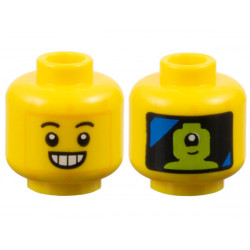 Minifigure, Head Robot Black Eyebrows, Open Smile with Teeth, Bright Light Orange Rivets, Panel with Blue Streaks and Lime Alien Pilot on Back Pattern - Vented Stud: {ярко жълт}