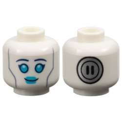Minifigure, Head Alien Female Dark Blue Eyebrows, Medium Azure Eyes and Lips, Sand Blue Cheek Lines, Silver Circle Power Socket on Back Pattern - Vented Stud: {бял}