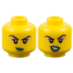 Minifigure, Head Dual Sided Female Black Eyebrows, Single Eyelashes, Metallic Pink Eye Shadow, Silver Dots, Metallic Light Blue Lips, Smirk / Lopsided Open Mouth Smile with Teeth Pattern - Vented Stud: {ярко жълт}