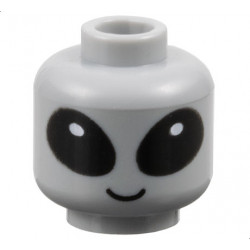 Minifigure, Head Alien with Large Black Eyes with White Glints, Grin Pattern - Vented Stud: {умерено каменно сив}