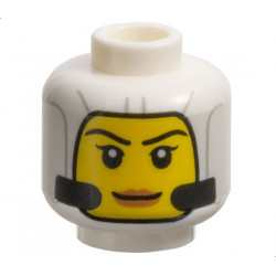 Minifigure, Head Female Balaclava with Light Bluish Gray Lines and Black Tubes, Yellow Face with Eyebrows, Single Eyelashes, and Nougat Lips, Grin Pattern - Vented Stud: {бял}