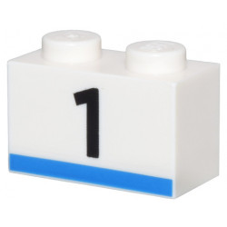 Brick 1 x 2 with Black Number 1 and Blue Stripe Pattern: {бял}