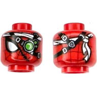 Minifigure, Head Alien with Spider-Man Dark Red Webbing, Large White and Silver Eye, Cyborg Eyepiece with Bright Green Lens, Black Straps, Stitches, Bandana Pattern: {ярко червен}
