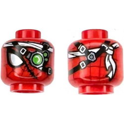 Minifigure, Head Alien with Spider-Man Dark Red Webbing, Large White and Silver Eye, Cyborg Eyepiece with Bright Green Lens, Black Straps, Stitches, Bandana Pattern: {ярко червен}