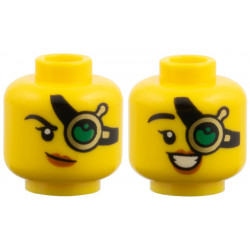 Minifigure, Head Dual Sided Female, Gold Eyepiece with Black Strap, Green Lens, Black Eyebrow, Dark Orange Lips, Lopsided Grin / Open Smile Pattern: {ярко жълт}