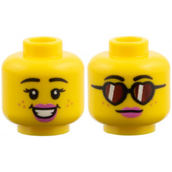 Minifigure, Head Dual Sided Female, Black Eyebrows, Medium Nougat Freckles, Dark Pink Lips, Open Smile / Glasses with Reddish Brown Heart Lenses Pattern: {ярко жълт}