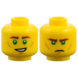 Minifigure, Head Dual Sided, Reddish Brown Eyebrows, Bright Green Eyes, Medium Nougat Contours, Smile / Frown Pattern: {ярко жълт}