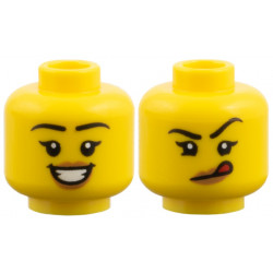 Minifigure, Head Dual Sided Female, Black Eyebrows, Medium Nougat LIps, Open Smile / Red Tongue Pattern: {ярко жълт}