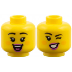 Minifigure, Head Dual Sided Female, Black Eyebrows, Orange Cheeks, Dark Pink Lips, Open Smile / Wink with Lopsided Smile Pattern: {ярко жълт}