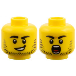 Minifigure, Head Dual Sided, Black Eyebrows and Stubble / Lopsided Smile / Shouting Pattern: {ярко жълт}