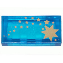 Tile 1 x 2 with Groove with Gold Stars Pattern: {прозрачно син}