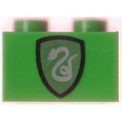 Brick 1 x 2 with HP Slytherin Shield Pattern: {тъмно зелен}