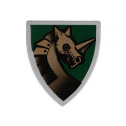Minifigure, Shield Triangular with Gold Armored Horse (Unicorn) on Dark Green Background Pattern: {умерено каменно сив}