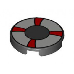 Tile, Round 2 x 2 with Red and White Life Preserver, Curved Bands Pattern: {черен}