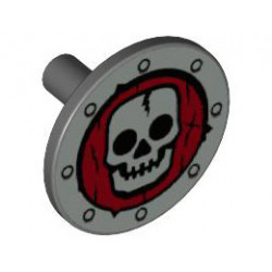 Minifigure, Shield Round Flat with Skull Pattern: {тъмно каменно сив}
