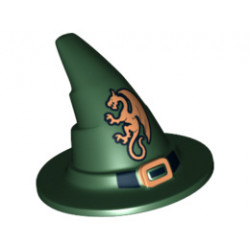 Minifigure, Headgear Hat, Wizard / Witch with Black Buckle and Gold Dragon Pattern: {земно зелен}