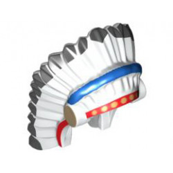 Minifigure, Headgear Headdress Indian with Colored Feathers, Gold Dots on Red and Black Hair on Back Pattern: {бял}