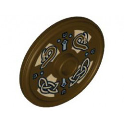 Minifigure, Shield Round with Stud and Ring Around Edge with Dragon Heads and Knots Pattern: {тъмно кафяв}