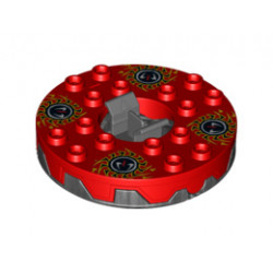 Turntable 6 x 6 Round Base Serrated with Red Top and Red, White, Yellow and Black Fangpyre Pattern (Ninjago Spinner): {титаниево метален}