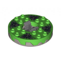 Turntable 6 x 6 Round Base Serrated with Bright Green Top and Dark Bluish Gray Stone Heads Pattern (Ninjago Spinner): {сребърно метален}
