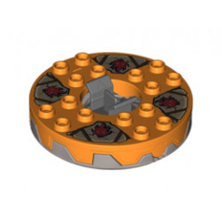 Turntable 6 x 6 Round Base Serrated with Orange Top and Dark Red Faces on Dark Tan and Dark Gray Pattern (Ninjago Spinner): {сребърно метален}