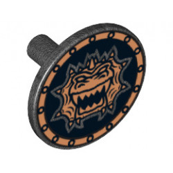 Minifigure, Shield Round Flat with Gold Dragon Head with Jagged Teeth Pattern: {титаниево метален}