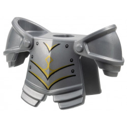 Minifigure Armor Breastplate with Leg Protection and Large Round Shoulder Pads with Gold Trim, Black Panel Lines and Rivets Pattern: {сребърно метален}