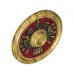 Minifigure, Shield Round with Stud and Ring Around Edge with Dark Red and Gold Aztec Pattern: {топло златист}