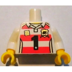 Torso Horizontal Red Stripes with Black Number 1 and Golden Brick and Shield Pattern / White Arms / Yellow Hands: {бял}