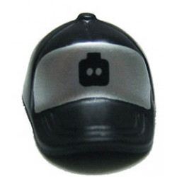 Minifigure, Headgear Cap - Short Curved Bill with Seams and Button on Top and Black Minifigure Head on Metallic Silver Pattern: {черен}