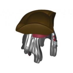 Minifigure, Hair Combo, Hair with Hat, Dreadlocks with Beads, Dark Red Bandana Pattern and Pirate Tricorne / Triangle : {черен}