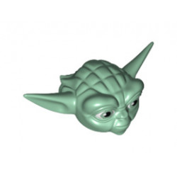 Minifigure, Head Modified SW Yoda Straight Ears with Large Eyes and White Hair Pattern: {пясъчно зелен}