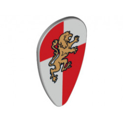 Minifigure, Shield Ovoid with Gold Lion on Red and White Quarters Background Pattern : {умерено каменно сив}