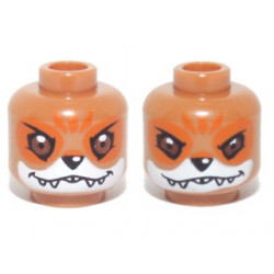 Minifigure, Head Dual Sided Alien Chima Fox with Black Nose, Reddish Brown Eyes, Orange Eye Shadow and Forehead Marks, White Muzzle and Sharp Teeth, Happy / Fierce Pattern: {пясъчно жълт}