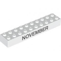 Brick 2 x 10 with Black 'NOVEMBER' and 'DECEMBER' Pattern on opposite sides : {бял}