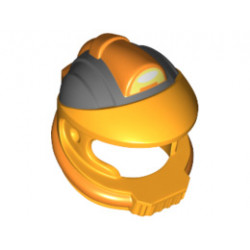 Minifigure, Headgear Helmet Space with Pipes and Mouth Grille with Control Panel and Dark Bluish Gray and Orange Markings Pattern: {огнено жълто-оранжев}