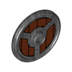 Minifigure, Shield Round with Stud and Ring Around Edge with Rivets and Circular Wood Planking Pattern: {титаниево метален}