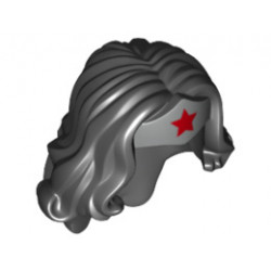 Minifigure, Hair Female Long Wavy with Silver Tiara and Red Star Pattern (Wonder Woman): {черен}