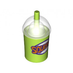 Minifigure, Utensil Cup, Dome Lid Cup and Straw with Trans-Clear Lid and Dark Purple and Orange 'SQUISHEE' Pattern: {ярко жълто-зелен}