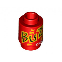 Brick, Round 1 x 1 Open Stud with Black, Yellow and White 'BUZZ COLA' Pattern: {ярко червен}